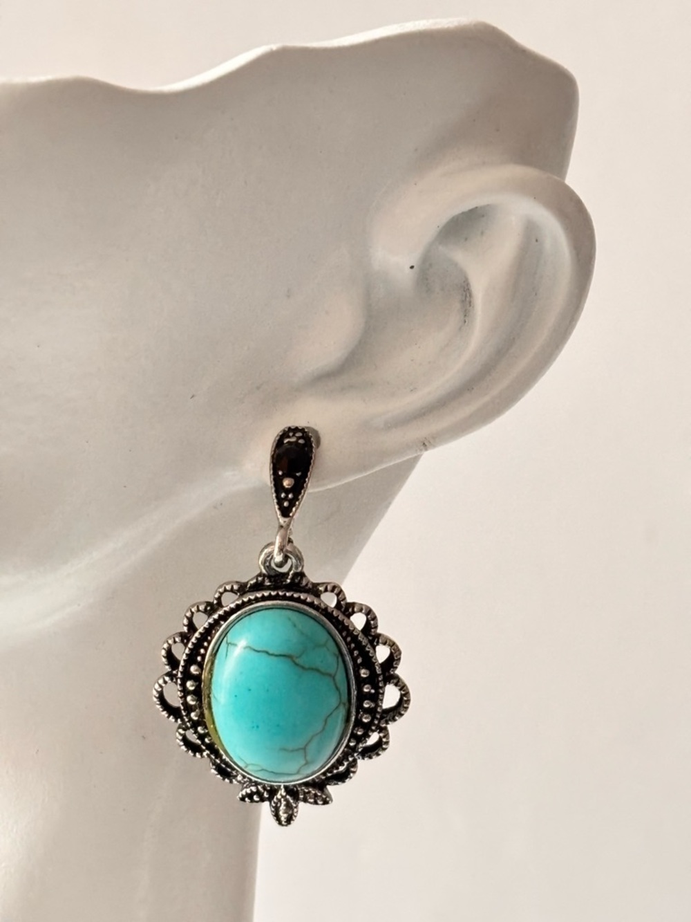 Vintage Turquoise Silver tone Handmade Filigree Design